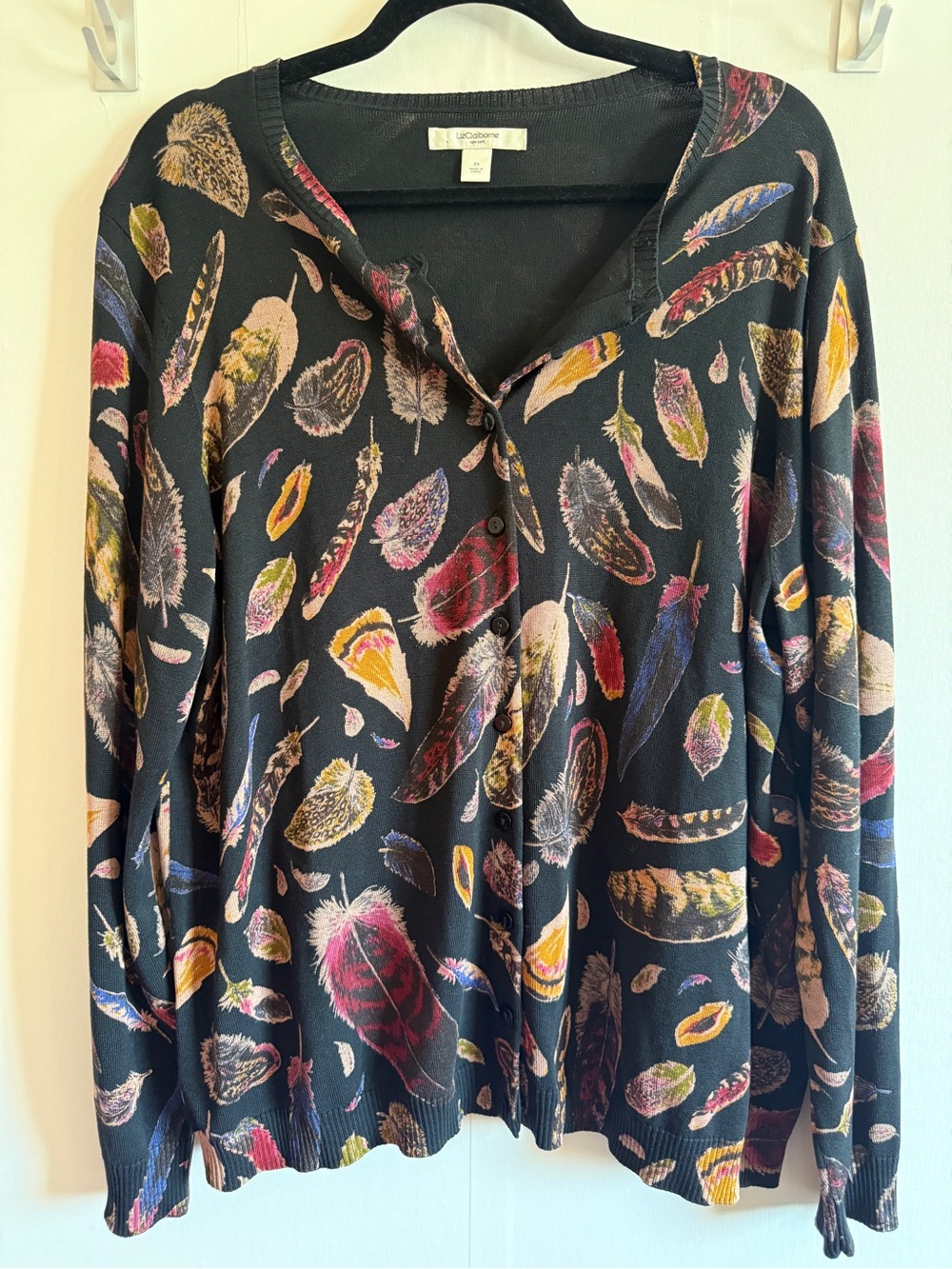 Liz Claiborne Silk Cotton Feather Print Cardigan Sweater 2X Plus Size Boho